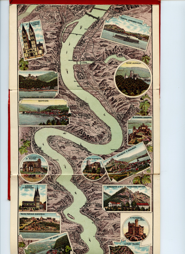 Ein altes Rhein-Kartenblatt aus Deutschland, gerahmt und mit Abbildungen von Gebäuden, Bäumen und Wasser.