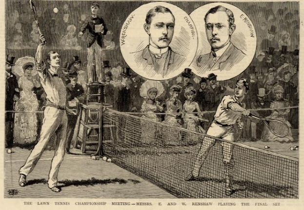 Eine Schwarz-Weiß-Zeichnung von zwei Männern, die auf einem Platz mit Zuschauern Tennis spielen, mit der Bildunterschrift "The Lawn Tennis Championship Meeting - Messers, E und W Renshaw spielen das entscheidende Satz".