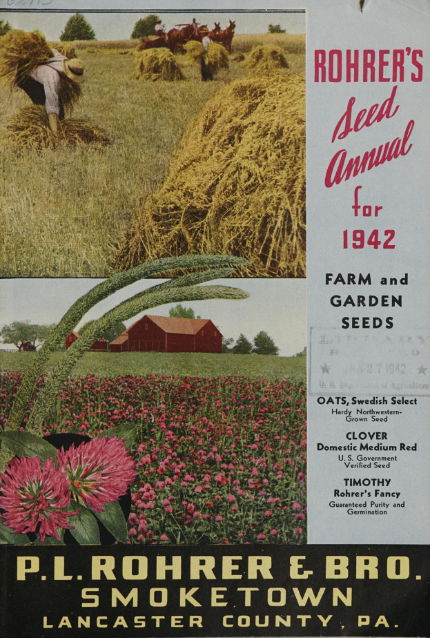 Ein Plakat für Rohrer's Saatgut-Jahrbuch 1942 mit einer bunten Auswahl an Blumen, Pflanzen, Gras, einer Person, einem Haus, Bäumen und einem klaren blauen Himmel mit Text, der Informationen über die Saatgut enthält.