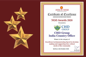 Auszeichnung für die Ngo Awards 2020 mit dem Text 'Chd Group India Country Office' und einem Schild-Logo mit einem zentralen Stern und einem Lorbeerkranz.