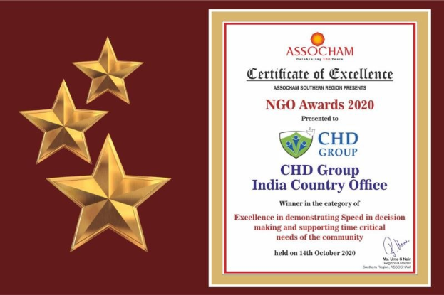 Auszeichnung für die Ngo Awards 2020 mit dem Text 'Chd Group India Country Office' und einem Schild-Logo mit einem zentralen Stern und einem Lorbeerkranz.