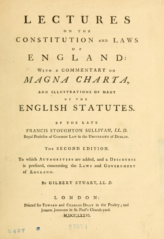 Altes Buch mit dem Titel 'Vorträge über die Verfassung und Gesetze Englands mit einem Kommentar zur Magna Charta und Illustrationen vieler englischer Gesetze' geöffnet auf einer Seite mit schwarzer Tinte.