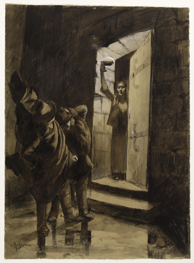 Ein Schwarz-Weiß-Zeichnung von zwei besorgten Männern, die vor einer Tür stehen, wobei einer eine Waffe hält, und Text unten mit der Aufschrift "Gustav Klimt - Der Gefangene".