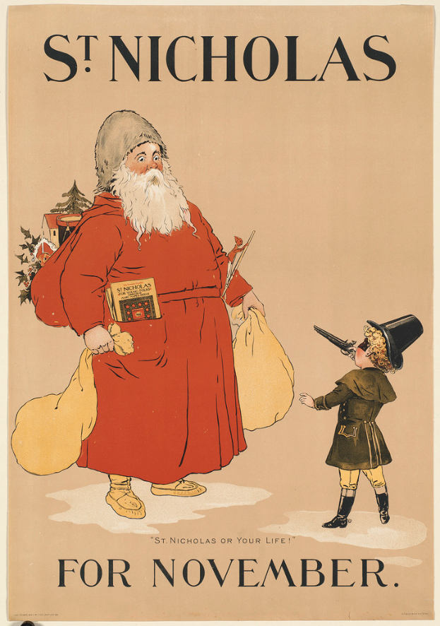 Ein Buchumschlag mit dem Titel 'St. Nikolaus für November' mit Santa Claus und einem Kind.