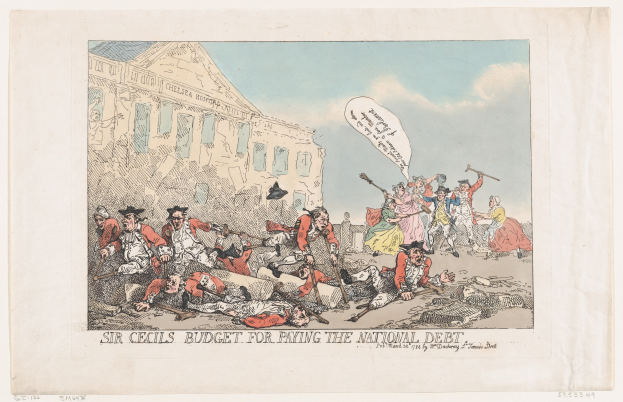 Ein Cartoon auf Papier, der eine Gruppe von Menschen vor einem Gebäude mit einem bewölkten Himmel zeigt, und unten den Text "Sir Cecils Budget für die Tilgung der Nationalverschuldung".