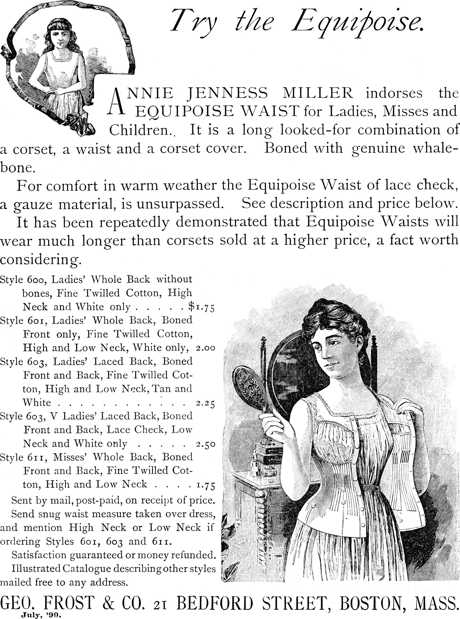 Werbung für die Equipment Waist von Annie Jenness Miller für Damen, mit einer Frau, die einen Spiegel hält und beschreibenden Text.