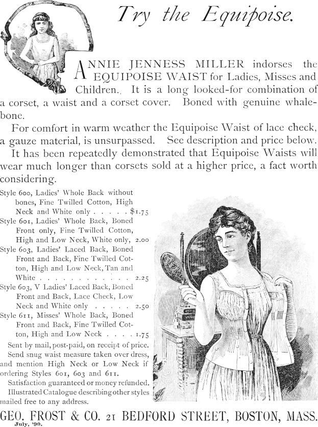 Werbung für die Equipment Waist von Annie Jenness Miller für Damen, mit einer Frau, die einen Spiegel hält und beschreibenden Text.