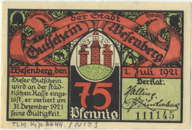 Eine alte deutsche Banknote mit einem Gebäude, dem Text "Bundesliga" und einem Logo unten auf einem weißen Hintergrund.