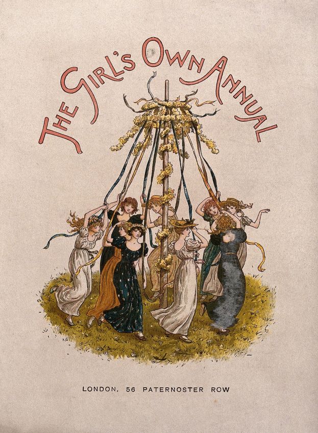 Schwarze-Weiß-Illustration einer Gruppe von Menschen in bunten Kleidern, die um einen geschmückten Maibaum tanzen, mit dem Text "The Girl's Own Annual" darüber.