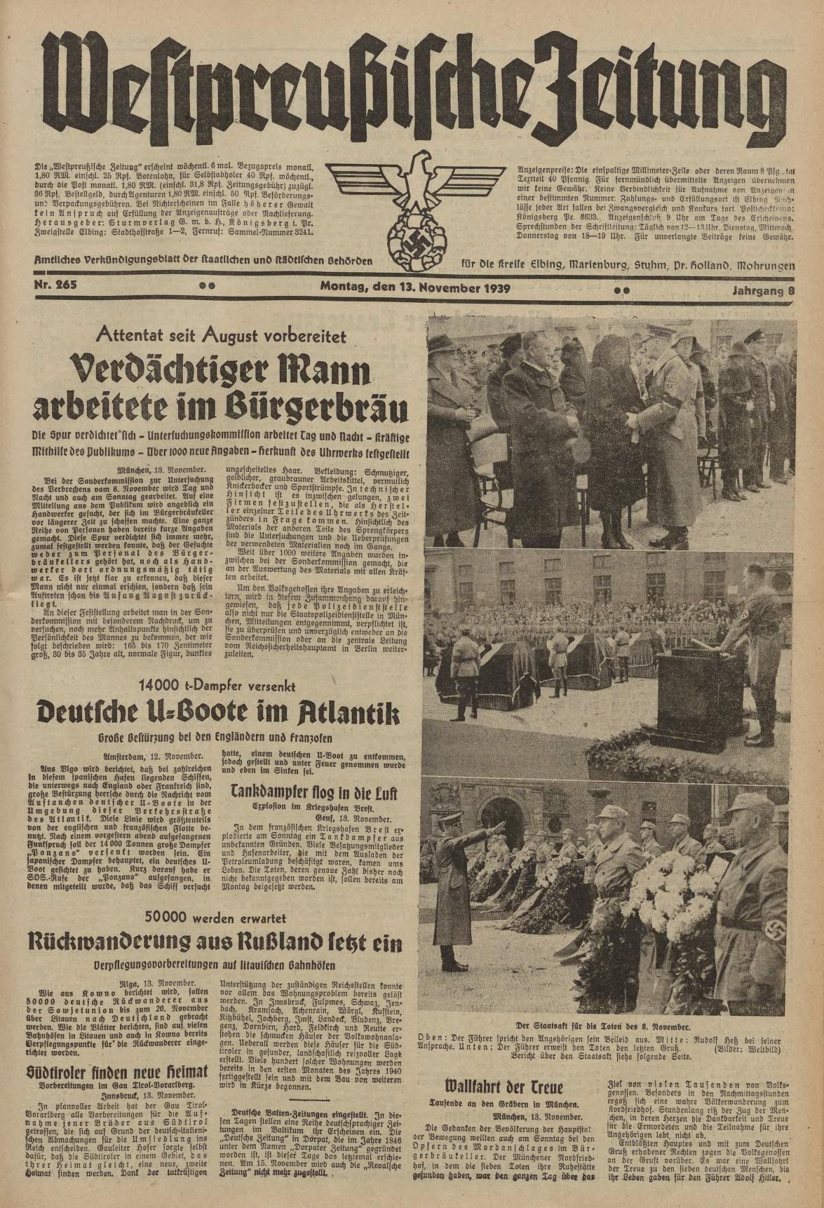 Titelseite einer deutschen Zeitung vom 13. November 1939 mit der Überschrift "Weitpreubliche Zeitung", die eine Gruppe von Menschen in traditioneller deutscher Kleidung in einer feierlichen Atmosphäre zeigt.