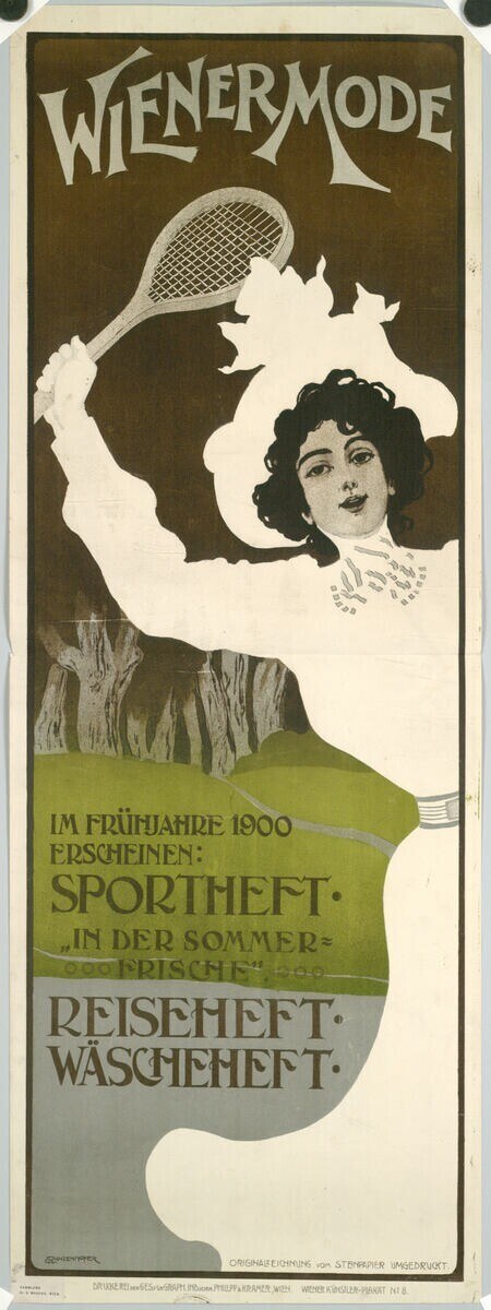 Plakat aus den 1920er Jahren, das ein Tennisturnier bewirbt, mit einer Frau, die einen Schläger hält und Text, der das Ereignis beschreibt.