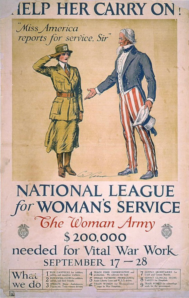 Ein Plakat für den Nationalen Frauen-Dienst mit zwei nebeneinanderstehenden Personen und Textinformationen über die Organisation und ihre Mission.