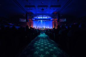 Großer Zuschauerraum mit sitzendem Publikum, Bühne mit Musikern, Überkopfbeleuchtung und Fernseher, dunkle Atmosphäre, die auf einen Konzertsaal für die Nationale Convention 2019 hindeutet.