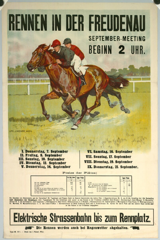 Ein Plakat, das ein Pferderennen in Deutschland ankündigt, zeigt zwei Reiter im Vordergrund mit Bäumen im Hintergrund und Text, der Informationen zum Rennen enthält.