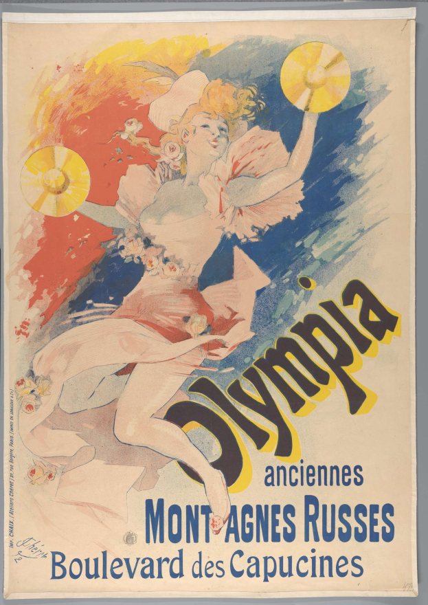 Plakat für die Olympischen Spiele in Mont-Agnes-Russes, Frankreich, das eine Frau in einem bunten Kleid zeigt, die einen Fächer hält und Text beschreibt.