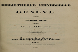 Altes Buch mit dem Titel 'Bibliothèque Universelle de Geneve' zeigt Text im Inneren.