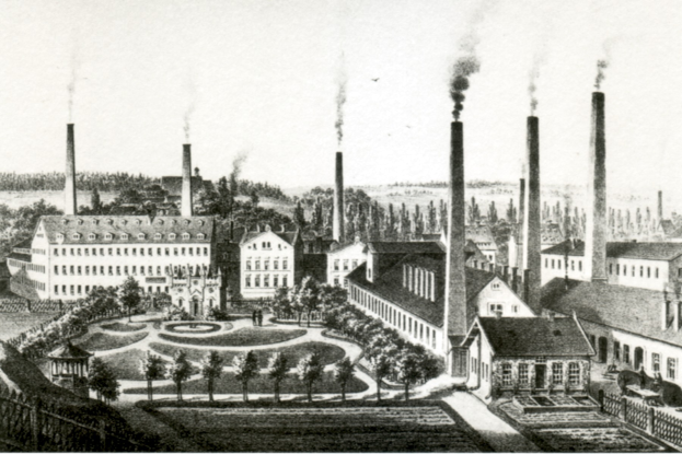 Eine Schwarz-Weiß-Zeichnung einer Fabrik mit Rauch, der aus ihren Schornsteinen aufsteigt, umgeben von Gebäuden, Bäumen, Pflanzen, Gras und einem Zaun, mit dem Text "New York State Penitentiary" unten.