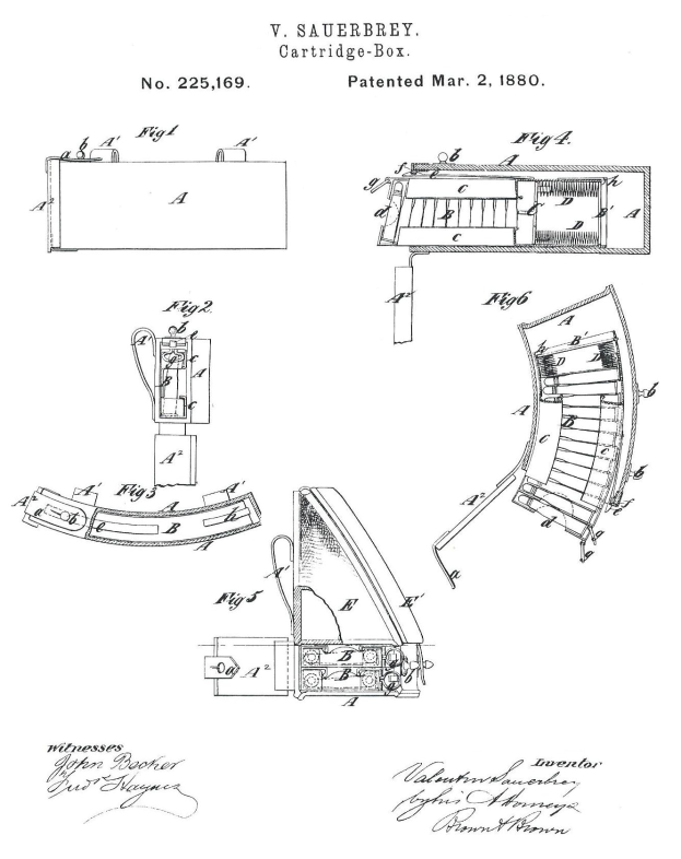 Ein detailliertes technisches Konstruktionsbild einer Maschine mit mehreren Komponenten, einschließlich einer markierten Patronenkasten-Patent aus dem Jahr 1880, begleitet von erklärendem Text.