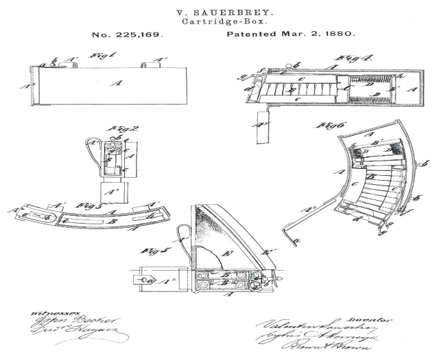 Ein detailliertes technisches Konstruktionsbild einer Maschine mit mehreren Komponenten, einschließlich einer markierten Patronenkasten-Patent aus dem Jahr 1880, begleitet von erklärendem Text.
