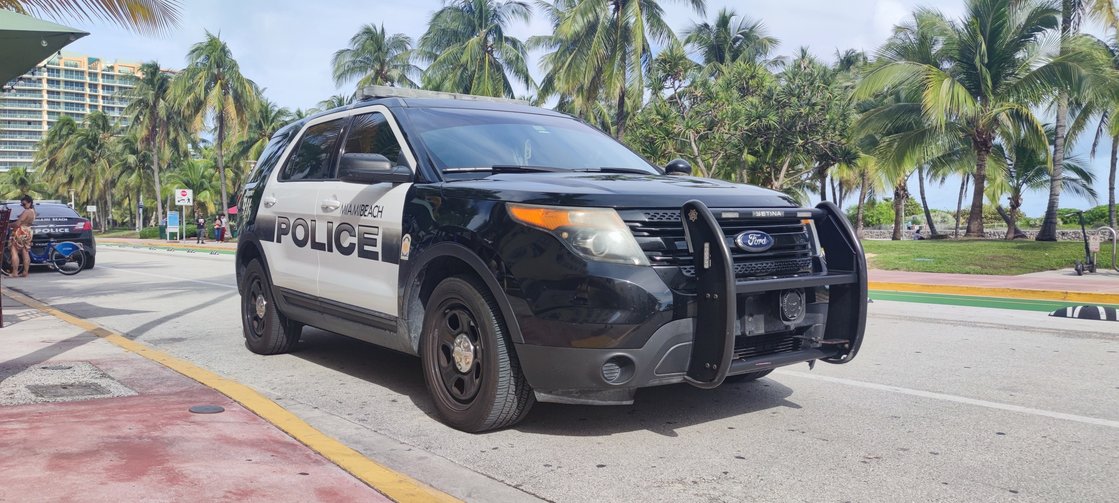Polizeiauto auf dem Seitenstreifen mit Menschen, Fahrr√°dern, Gras, Bäumen, Gebäuden und einem klaren blauen Himmel im Hintergrund.