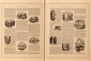 Offenes Buch mit Seiten, die Landschaften (Berge, Flüsse, Wälder) und begleitenden Text zeigen.