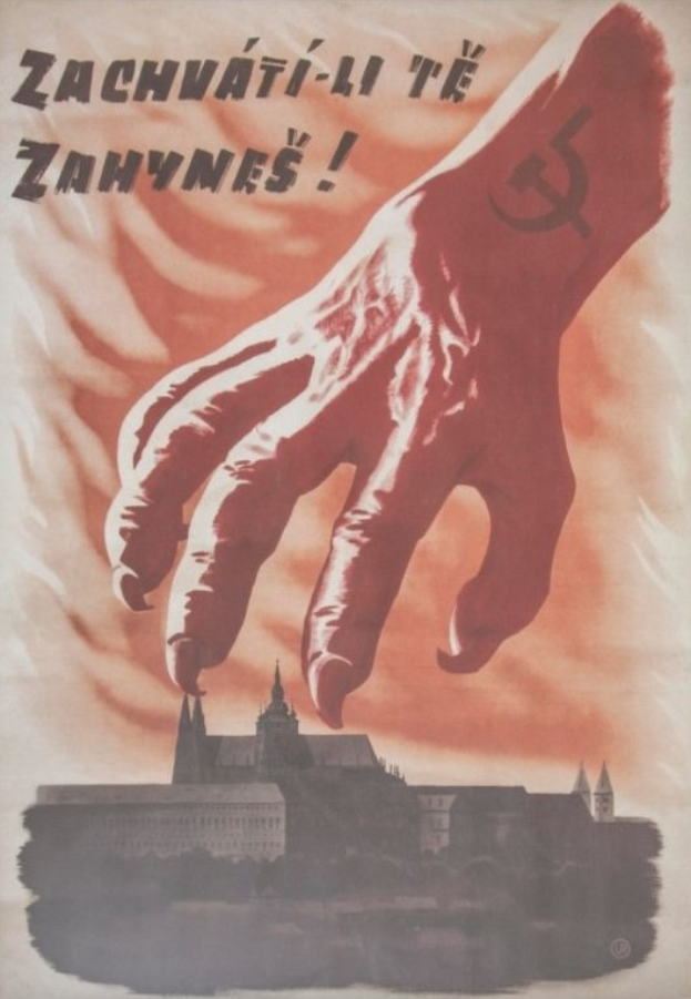Eine Hand mit Hammer und Sichel erreicht ein Gebäude mit der Aufschrift "Zachvati-li te zanynes" oben, was Dringlichkeit und Gefahr suggeriert.