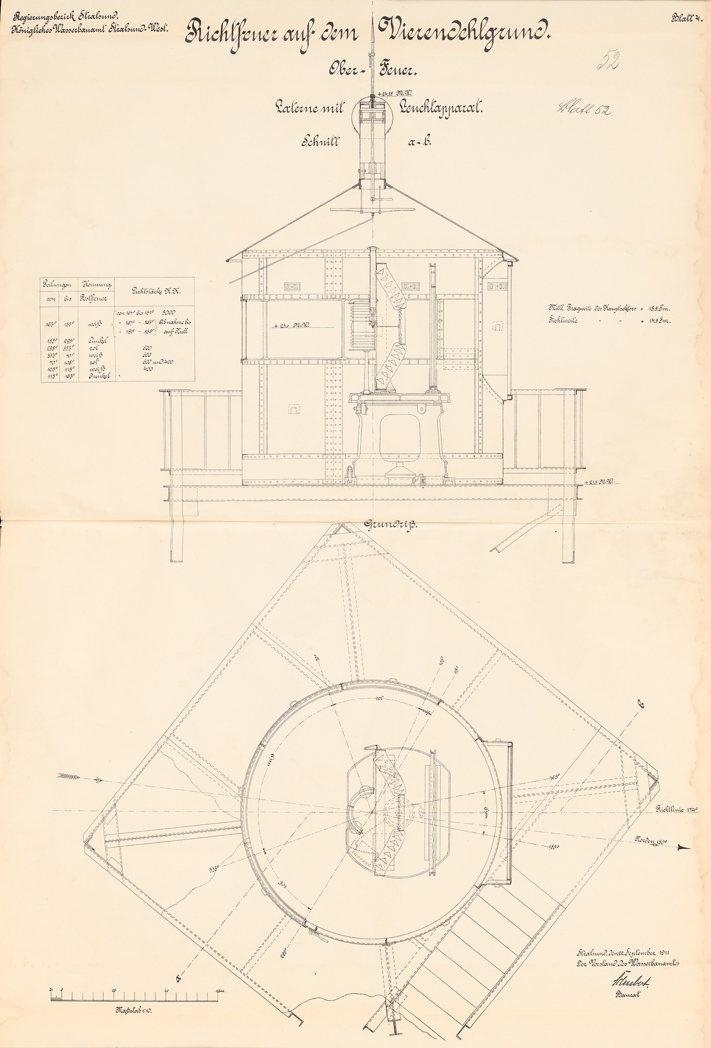 Ein detaillierter architektonischer Entwurf eines Gebäudes mit einer kreisförmigen Struktur oben drauf, einschließlich Pläne und Textanmerkungen.