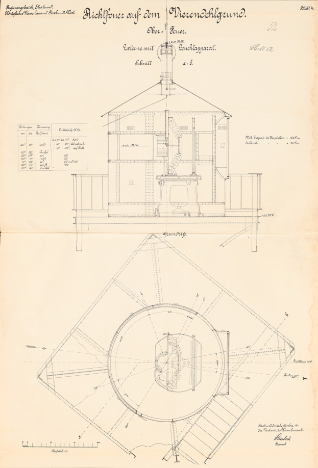 Ein detaillierter architektonischer Entwurf eines Gebäudes mit einer kreisförmigen Struktur oben drauf, einschließlich Pläne und Textanmerkungen.