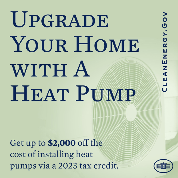 Plakat zur Werbung von Heizpumpentausch mit einem Bild einer Heizpumpe und dem Text "Upgrade Your Home with a Heat Pump."