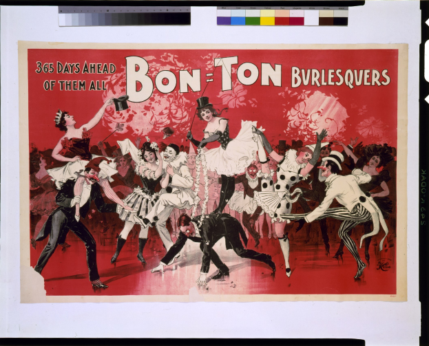 Ein Plakat mit der Aufschrift "Bon-Ton Burlesquers - 365 Tage über allen" zeigt eine Gruppe von Menschen in bunten Kostümen, die fr├Âhlich tanzen.