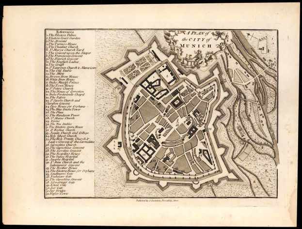 Ein alter Stadtplan von München, Deutschland, auf einem schwarzen Hintergrund, der Straßen, Gebäude und Sehenswürdigkeiten mit beschrifteten Text zeigt.