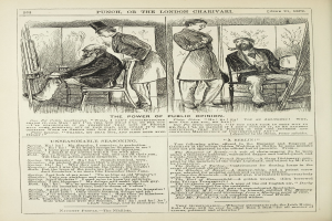 Eine Schwarz-Weiß-Illustration eines alten Buches, das einen Mann in einem Anzug zeigt, der in einem Stuhl sitzt und einen nachdenklichen Ausdruck hat, sowie eine Frau, die neben ihm steht und nachdenklich aussieht, mit der Überschrift "Die Macht der öffentlichen Meinung" auf der Seite.