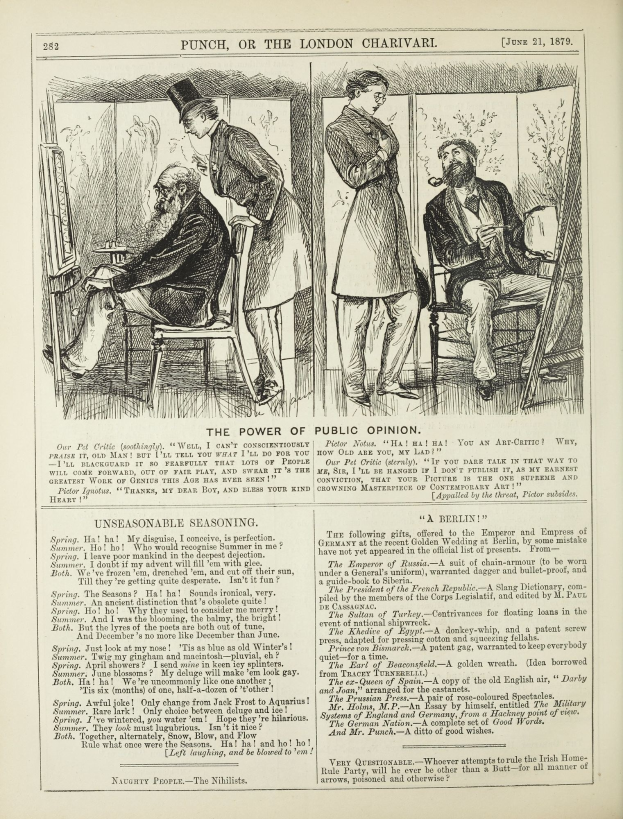 Eine Schwarz-Weiß-Illustration eines alten Buches, das einen Mann in einem Anzug zeigt, der in einem Stuhl sitzt und einen nachdenklichen Ausdruck hat, sowie eine Frau, die neben ihm steht und nachdenklich aussieht, mit der Überschrift "Die Macht der öffentlichen Meinung" auf der Seite.