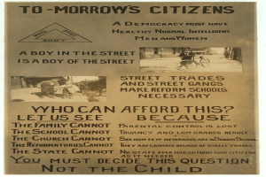 Ein Plakat mit Text und Bildern von Menschen, einer Person auf einem Fahrrad, mit dem Text "To-Morrow's Citizens: A Boy in the Street is a Boy of the Street".