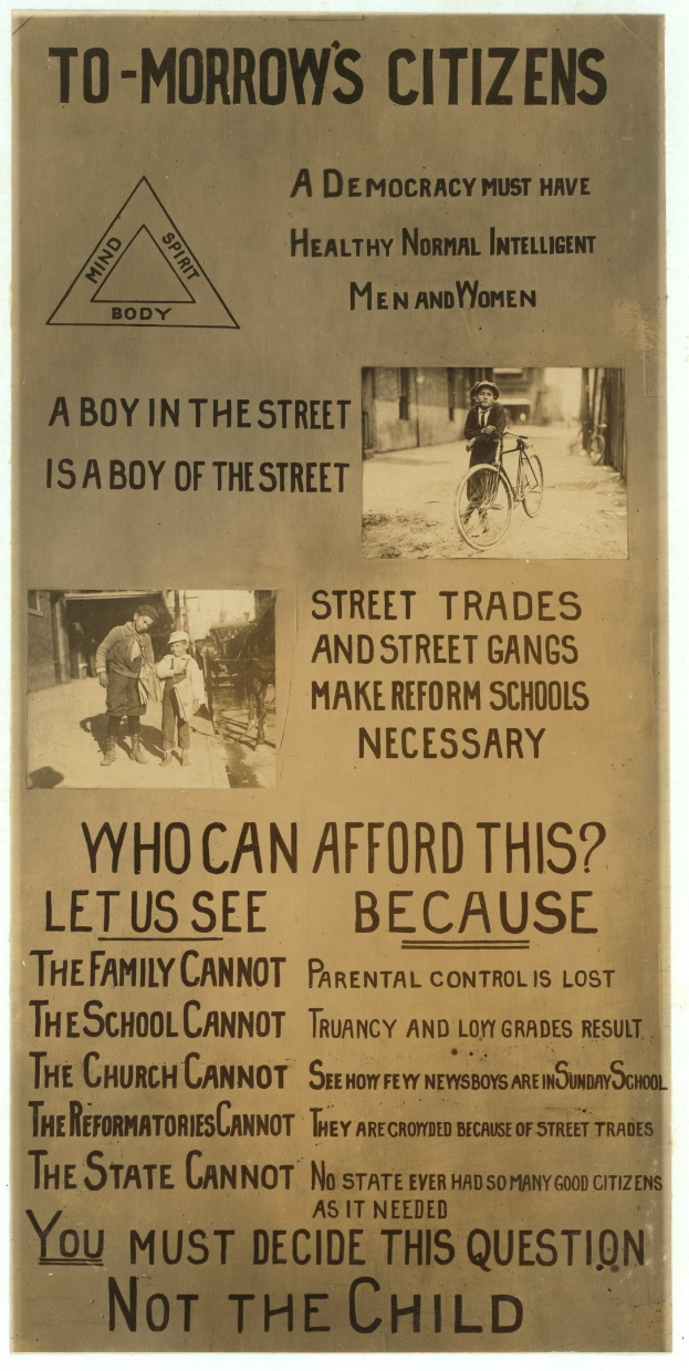 Ein Plakat mit Text und Bildern von Menschen, einer Person auf einem Fahrrad, mit dem Text "To-Morrow's Citizens: A Boy in the Street is a Boy of the Street".