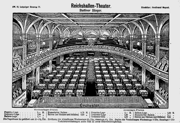Schwarzes und weißes architectural drawing of the Reichshallen Theater in Berlin, showing the auditorium with rows of chairs, pillars, and ceiling details, with text at the bottom.