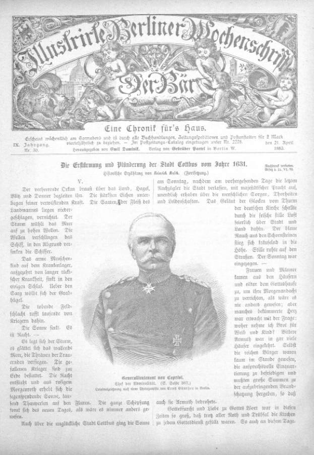 Alte Zeitungsvorderseite mit einem Porträt von Stadt Gottlieb von Gottlieb, dem deutschen Kaiser, in Uniform, mit begleitendem Text.