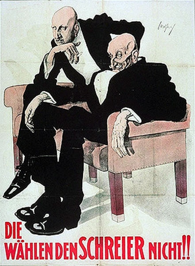 Ein deutscher Propagandaplakat mit zwei Männern auf einem Sofa, mit Text zur Promotion der Nazi-Partei.