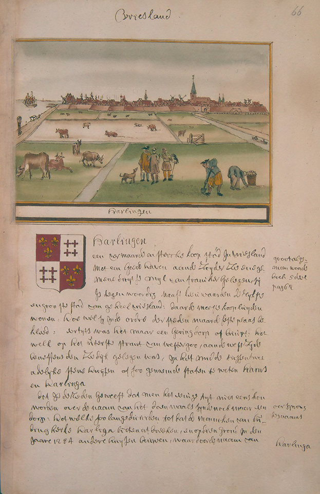 Ein aufgeschlagenes Buch mit einer Illustration einer Farmszene, die Menschen, Tiere, Gebäude und einen Himmel zeigt, begleitet von Text und einem Logo.