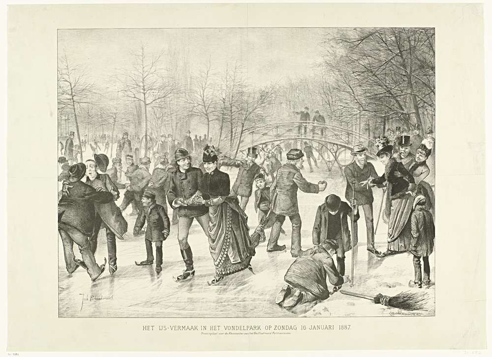 Gruppe von Menschen, die auf einer Outdoor-Eisbahn in einem Park Schlittschuh laufen, mit Bäumen und einer Brücke im Hintergrund, begleitet von Text, der "Het us-vermaak in het vondelpark op zondag 10 januari 1887" liest.