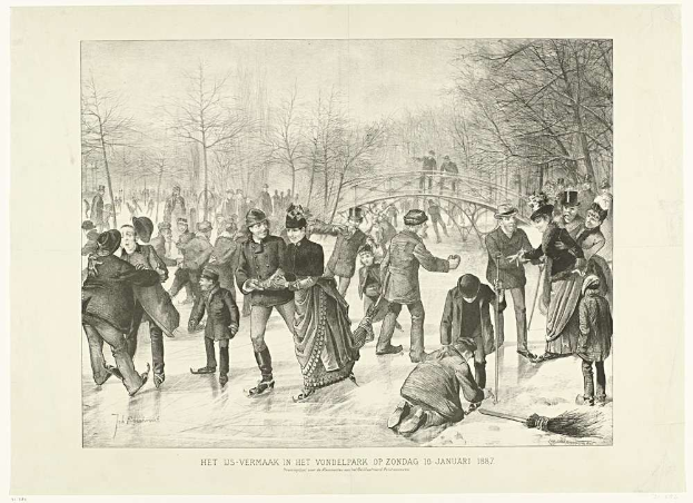 Gruppe von Menschen, die auf einer Outdoor-Eisbahn in einem Park Schlittschuh laufen, mit Bäumen und einer Brücke im Hintergrund, begleitet von Text, der "Het us-vermaak in het vondelpark op zondag 10 januari 1887" liest.