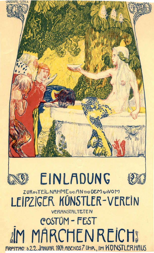 Plakatankündigung eines Festivals in München, Deutschland, mit einem Gemälde einer Frau mit menschlichem Gesicht, umgeben von anderen Menschen und Bäumen, mit Text.
