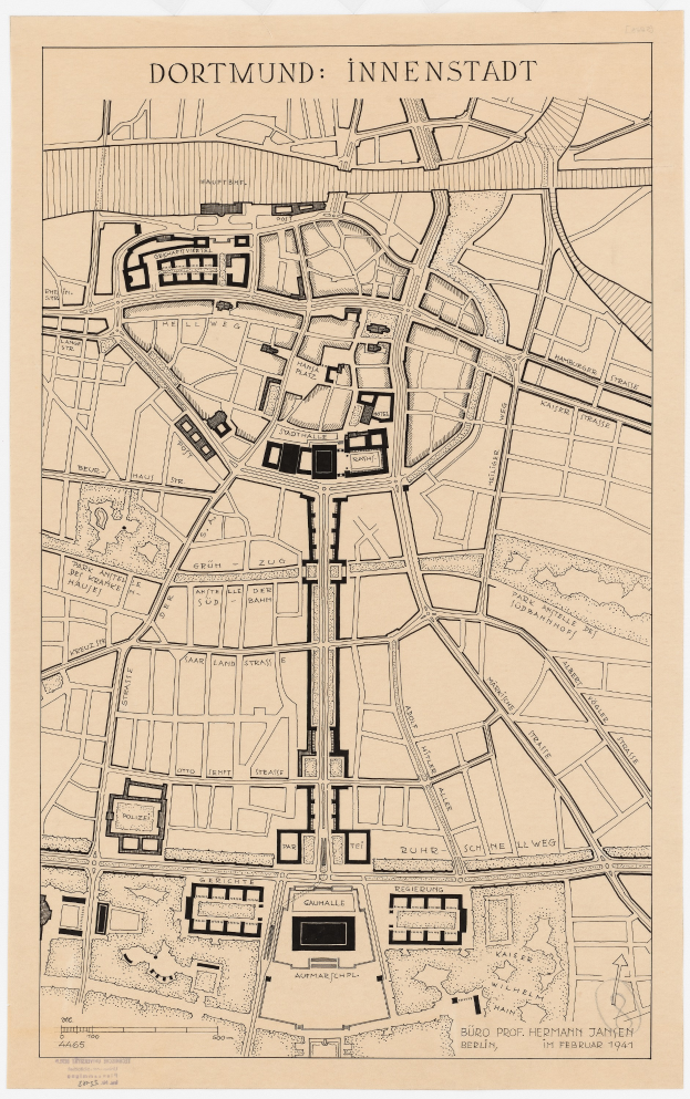 Eine detaillierte Karte von Dortmund, Deutschland, zeigt Straßen, Gebäude und Sehenswürdigkeiten mit Text oben und unten.
