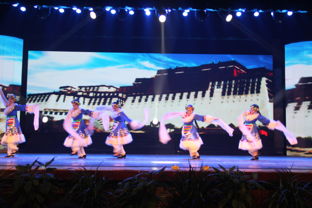 Eine Gruppe von Menschen in bunten Kleidern tanzt auf einer Bühne mit Scheinwerfern von oben und Pflanzen am Boden, vor einem großen Bildschirm im Hintergrund.