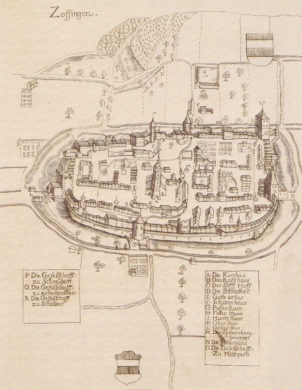 Ein detailliertes altes Stadtplan von Zoffingen, Deutschland, der die Stadtanlage mit Straßen, Gebäuden, Bäumen und begleitendem Text zeigt, der Informationen über die Stadt enthält.