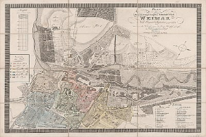 Ein detailliertes altes Stadtplan von Weimar, Deutschland, der Straßen, Gebäude und Sehenswürdigkeiten zeigt, begleitet von Texten über die Bevölkerung und Merkmale der Stadt.