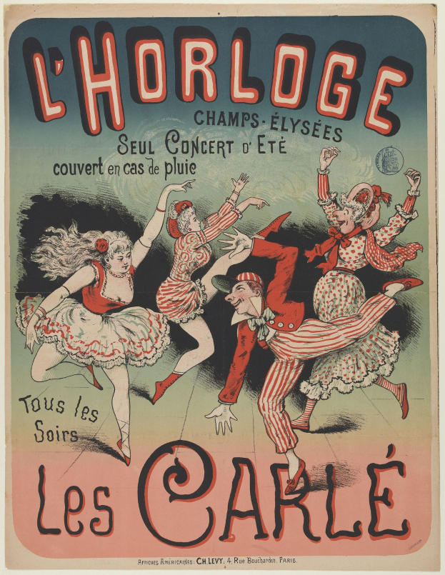 Plakat für ein Konzert im Chorlage in Paris mit einer Gruppe von Menschen in bunten Kostümen, die tanzen, umgeben von fetter Schrift auf einem hellgelben Hintergrund.