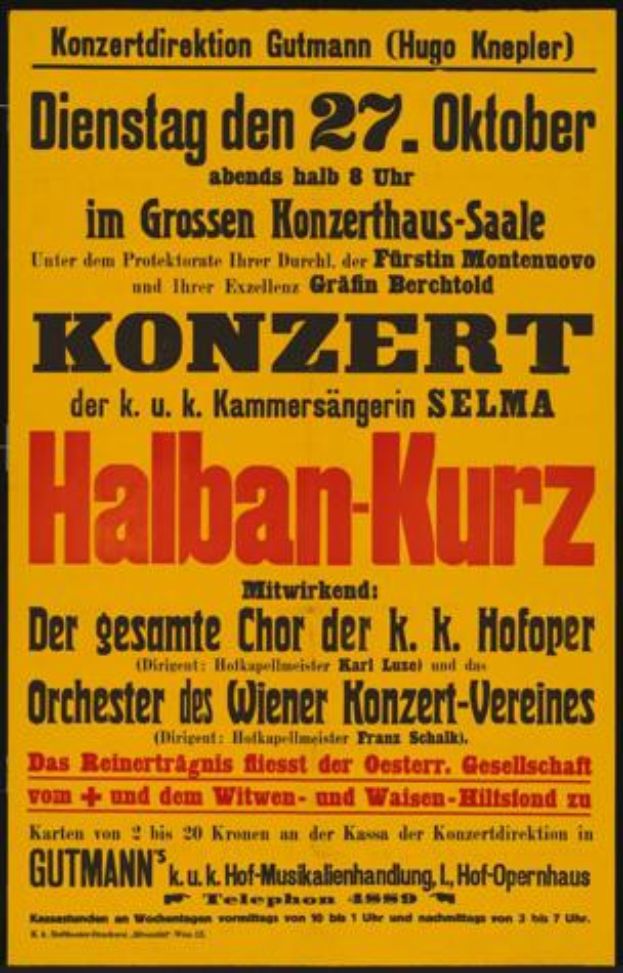 Ein gelbes Plakat wirbt für ein Konzert in Berlin, Deutschland, mit dem Text "Konzert Halban-Kurz".