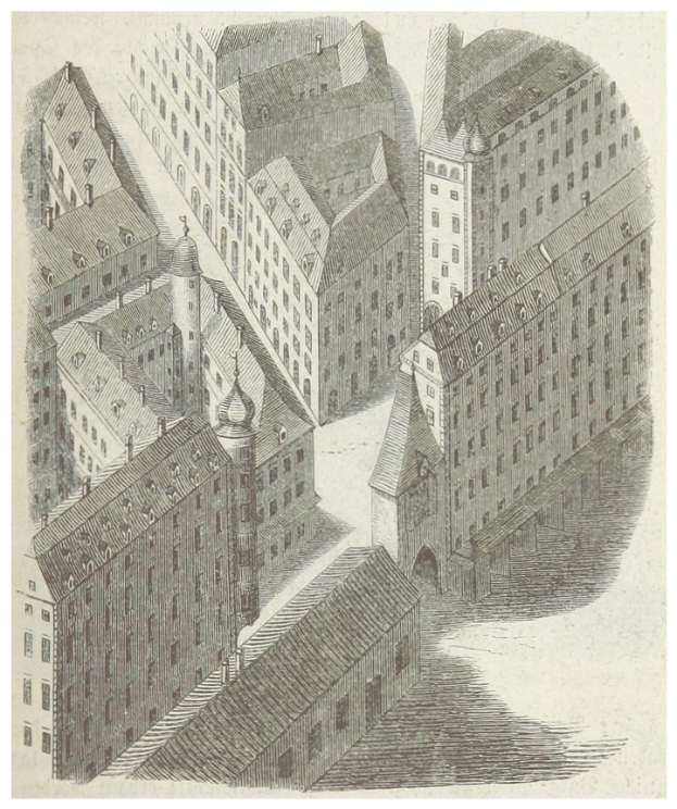 Alte Stadtansicht mit verschiedenen Gebäuden und Text unten.