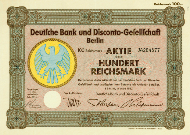 Alte deutsche Banknote mit einem Vogel-Design und dem Text "Deutsche Bank und Disconto-Gefellichaft Berlin" darauf.